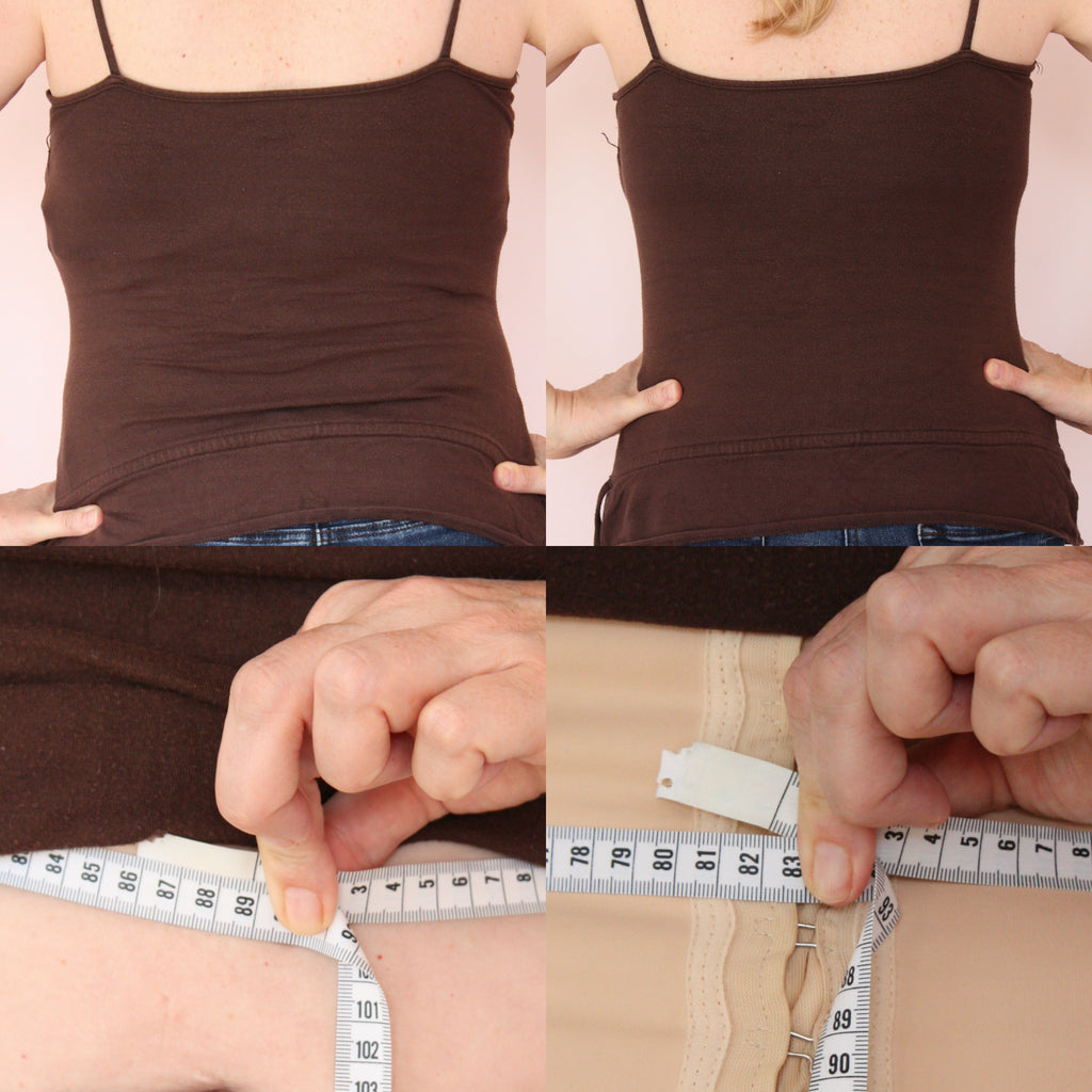 before and after photo of ME! 89cms to 82 cms with an Esbelt Waist Cincher